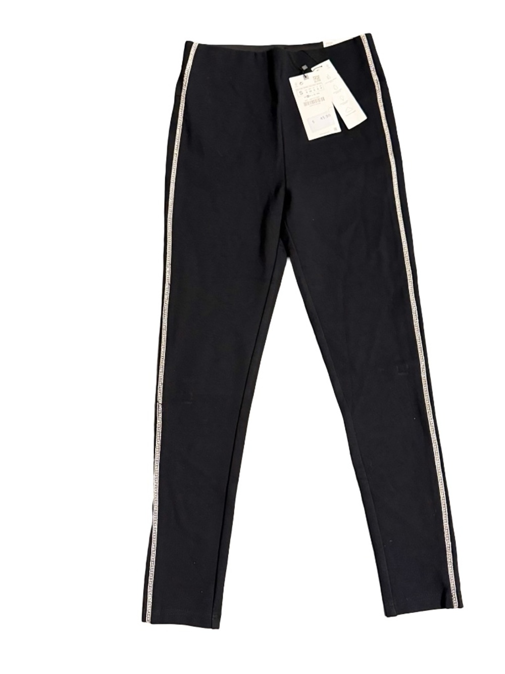 Zara Rhinestone Trim Black Leggings - High-Rise Sparkle Side-Stripe Leggings, Wo